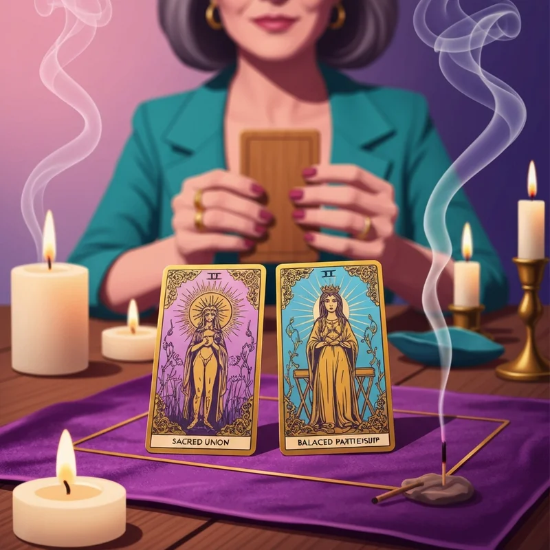 A mystical soulmate tarot reading layout with glowing cards including The Lovers and Two of Cups on a velvet cloth.