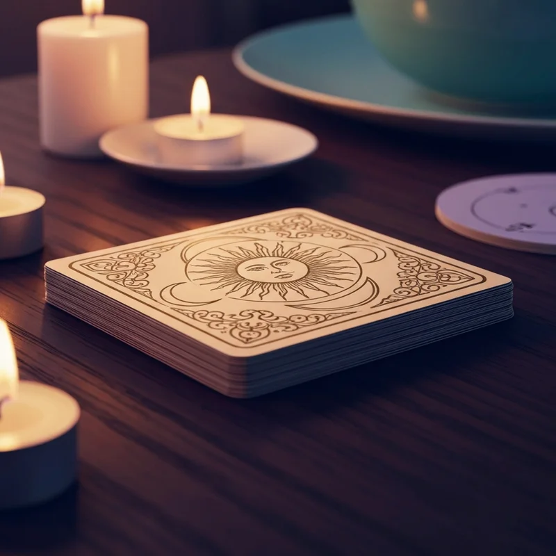 A collection of mystical tarot symbols including a golden sun, silver moon, and blooming white roses on a weathered deck.