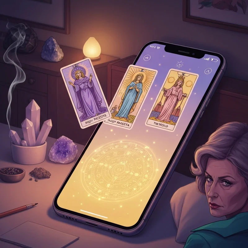 A mystical digital interface showing a glowing Grand Tarot spread by divine tarot denis, with cards floating over a soft-lit background.