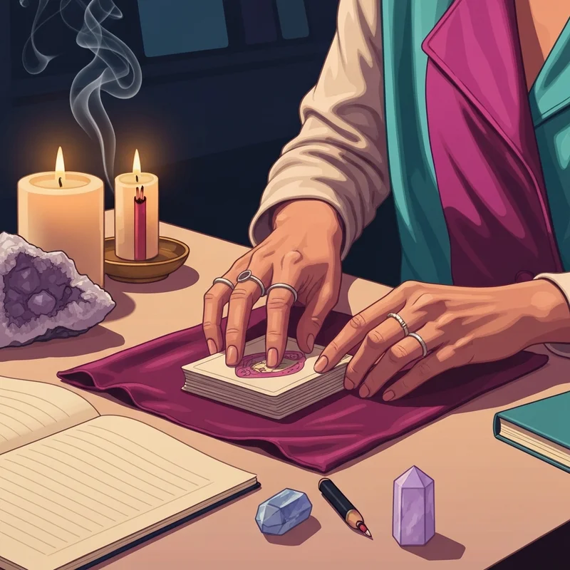 A young person's hands holding a deck of cards while learning how to read tarot cards for beginners in a cozy, candle-lit setting.