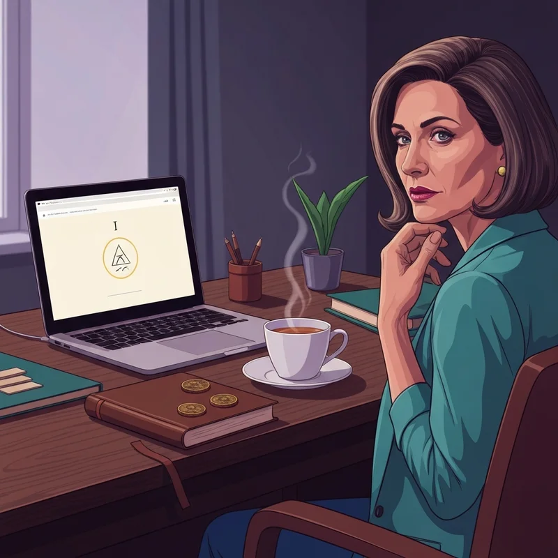 A peaceful workspace with bronze coins, a notebook, and a laptop showing a free iching reading result.