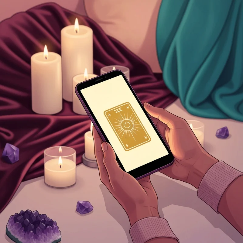 A woman using the best tarot app on her glowing phone in a cozy, aesthetic room with candles and crystals.