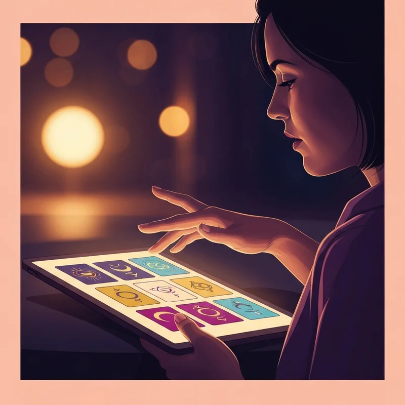 Una mujer joven contemplando una pantalla que muestra cartas de tarot online amor con luces místicas y símbolos estelares, rodeada de una atmósfera cálida y serena.