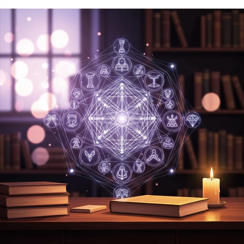 A mystical and glowing digital arcana chart showing 22 archetypal symbols arranged in a geometric matrix, glowing with gold and indigo energy.