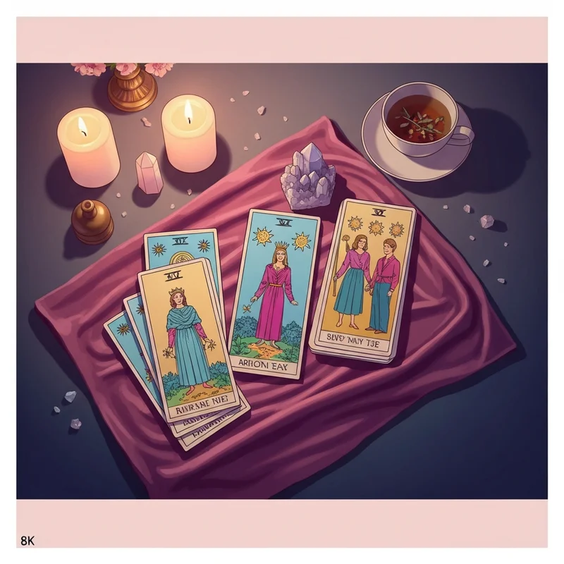 A close-up of tarot cards for beginners with meanings, featuring a lit candle and a clear quartz crystal on a wooden table.