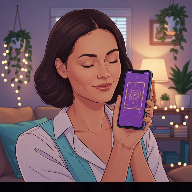 A woman sitting calmly in a cozy room, looking at her glowing smartphone screen which displays a tarot card and a friendly psychic chat interface, online psychic free concept.