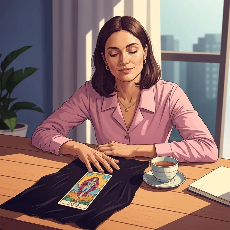 A person performing a single tarot card draw in a cozy room with warm lighting
