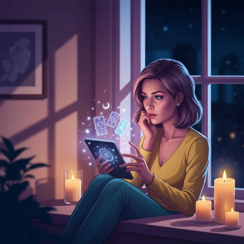 A serene woman seeking a free psychic love reading online by moonlight, surrounded by ethereal tarot symbols.