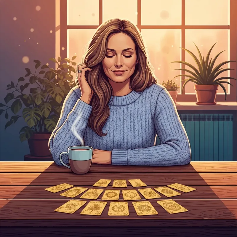 A serene millennial woman sitting at a wooden table with a cup of tea, looking thoughtfully at a reversed tarot card under soft, mystical lighting.