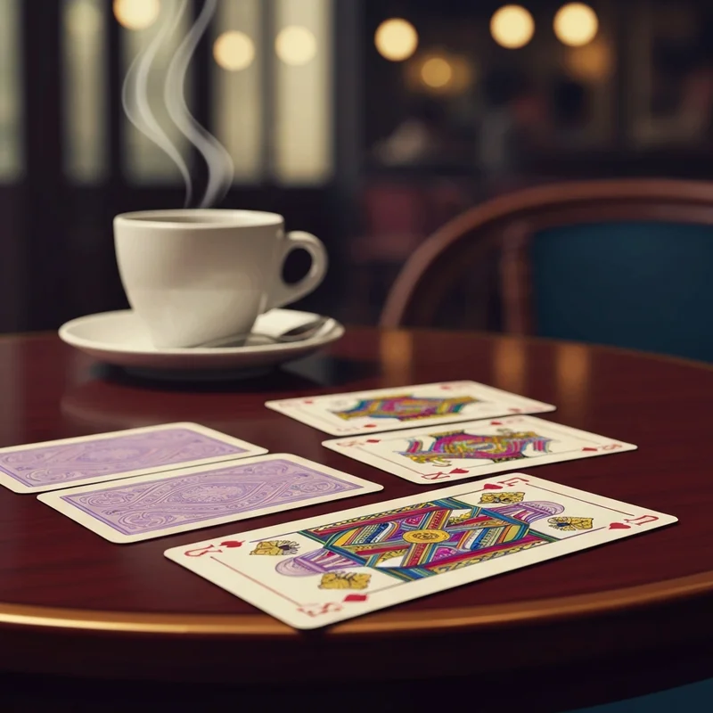 Strategic layout of a tarot french game deck on a dark wooden table with warm lighting.