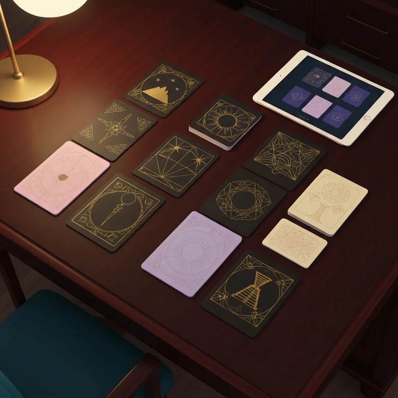 A modern, minimalist wooden desk featuring a set of 78 symbolic gold-foiled architectural illustrations and cosmic diagrams, representing how do tarot cards work in a secular context.