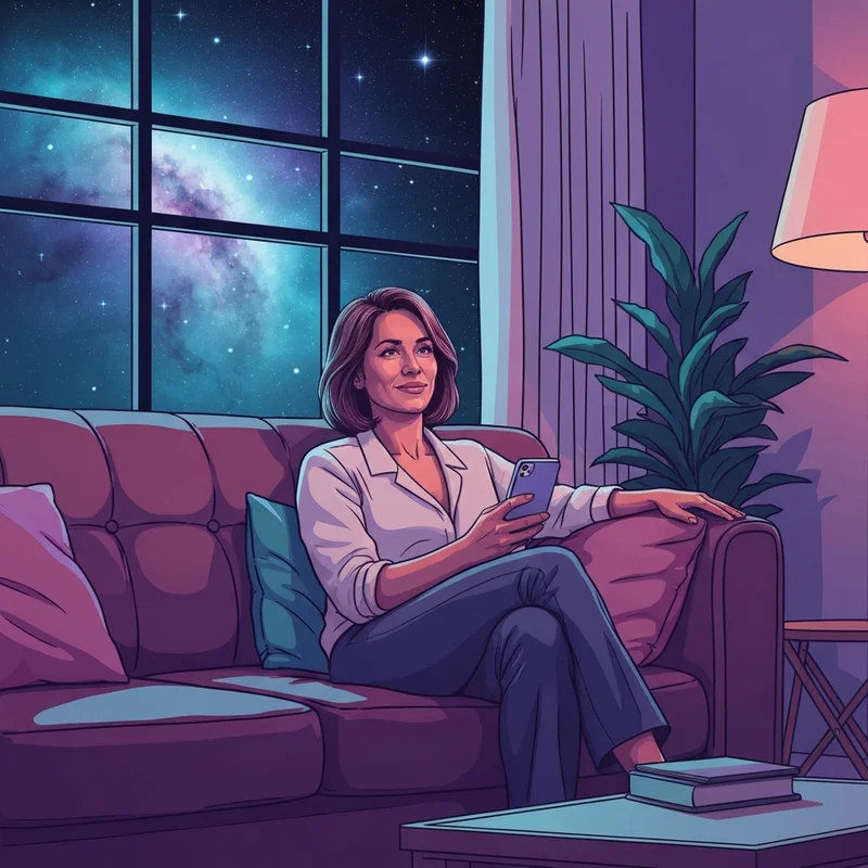 A young woman looking at her smartphone at night, seeking guidance from free psychic reading apps, cinematic and ethereal lighting.