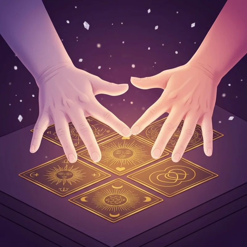 A mystical and ethereal tarot card spread on a silk cloth featuring symbols of the free soulmate reading tarot.