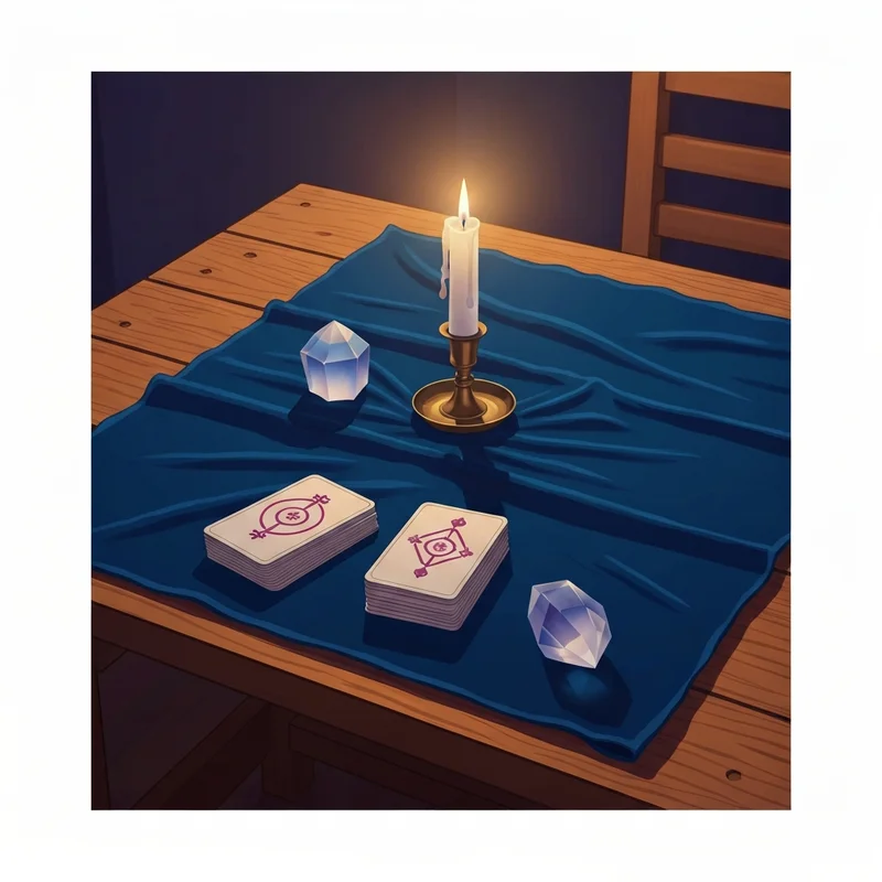 A serene tarot set up on a velvet cloth with a burning candle, a piece of selenite, and a spread of cards in a dimly lit room.