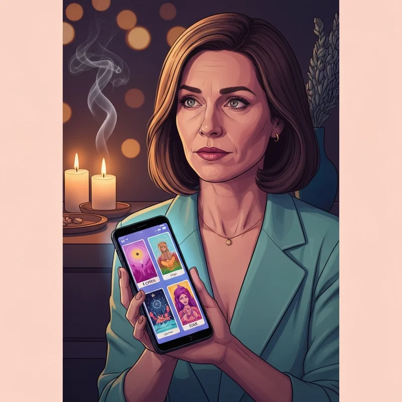 A person looking at an accurate online love tarot reading on a glowing smartphone screen with symbolic tarot cards like The Lovers and The Star floating in a soft, ethereal light.