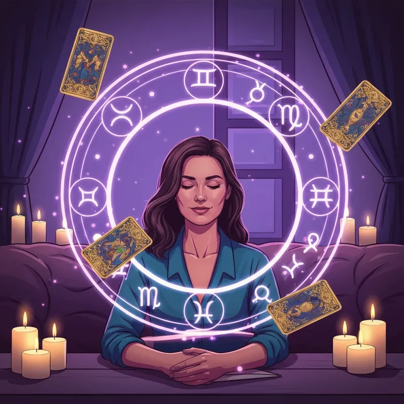 A serene woman looking at a glowing holographic zodiac wheel and tarot cards, psychic readings and horoscopes concept.