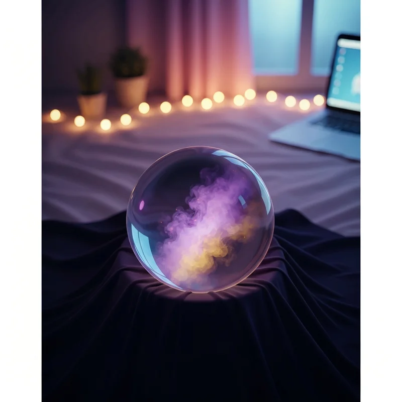 A glowing mystical sphere representing the attempt to ask the crystal ball oracle for guidance, surrounded by soft purple mists and celestial symbols.