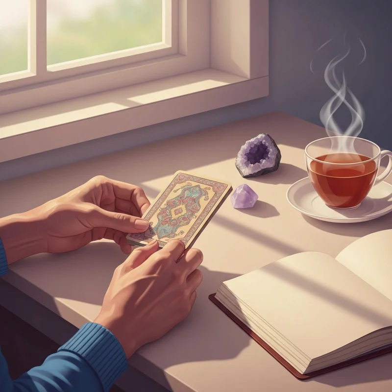 A serene flat-lay of a single tarot card being pulled by a person's hand, surrounded by soft morning light, a candle, and a journal for a one card reading session.