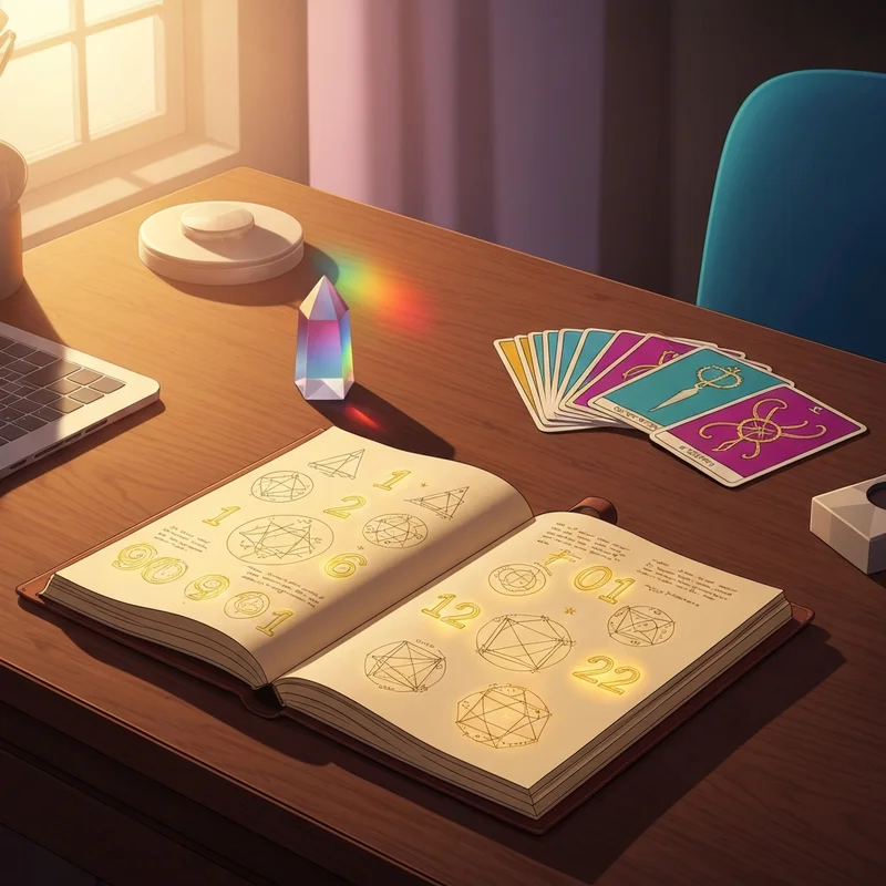 A mystical arcana number calculator layout on a dark wooden table with tarot cards and glowing numerology symbols.