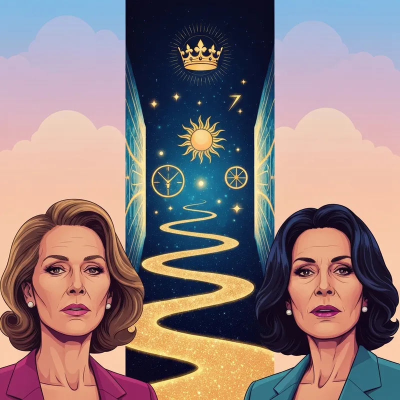 An ethereal depiction of the tarot major arcana archetypes including a golden sun and a winding path.