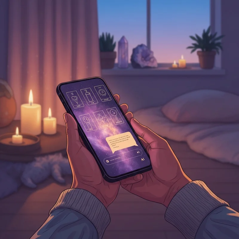 A glowing digital interface showing cosmic symbols and a futuristic crystal ball for a free fortune reading.