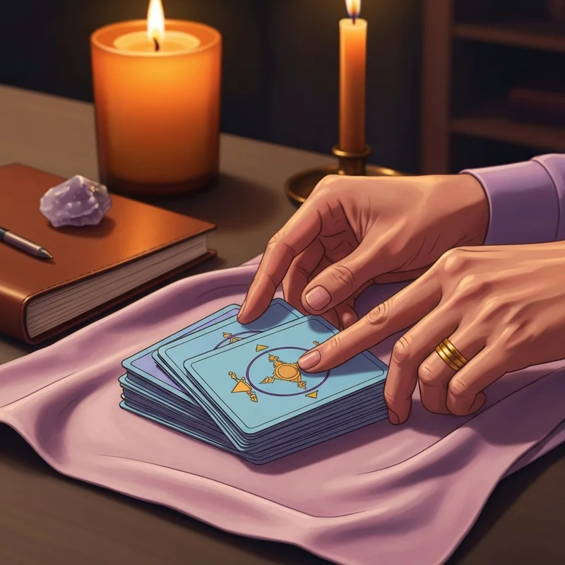 A young woman sitting on a cozy floor learning tarot cards with a candle and a notebook.