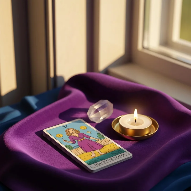 A serene 1 card tarot reading setup with a single card resting on a velvet cloth near a candle.
