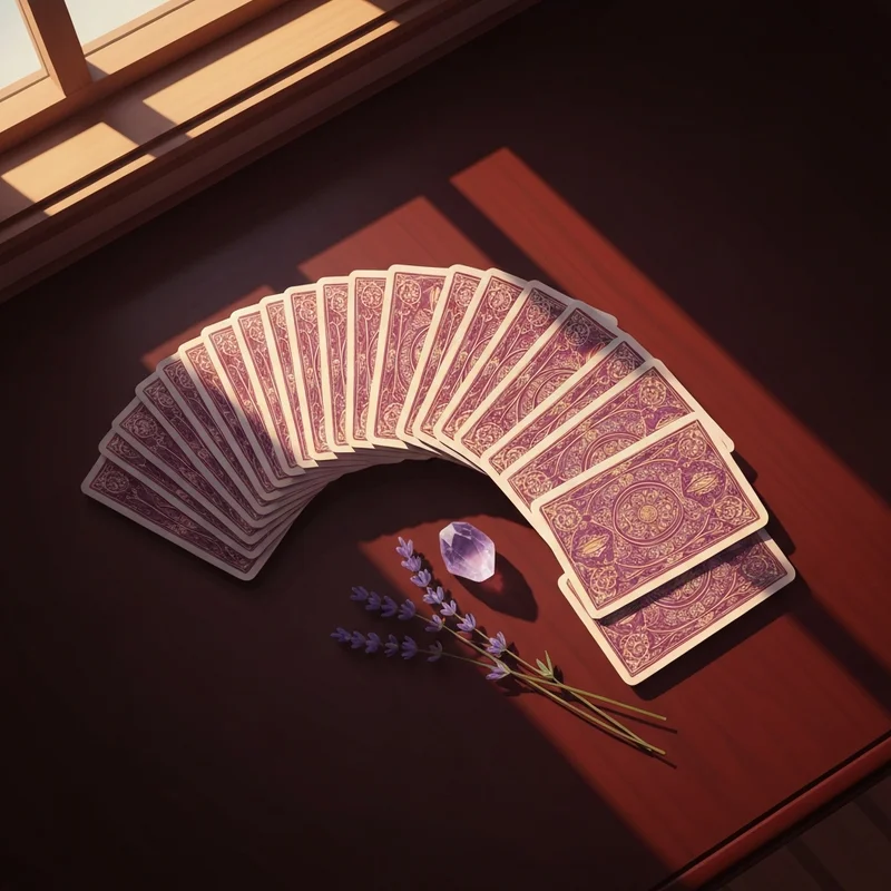 A complete list of tarot cards in order displayed on a vintage wooden table with soft lighting and lavender sprigs.