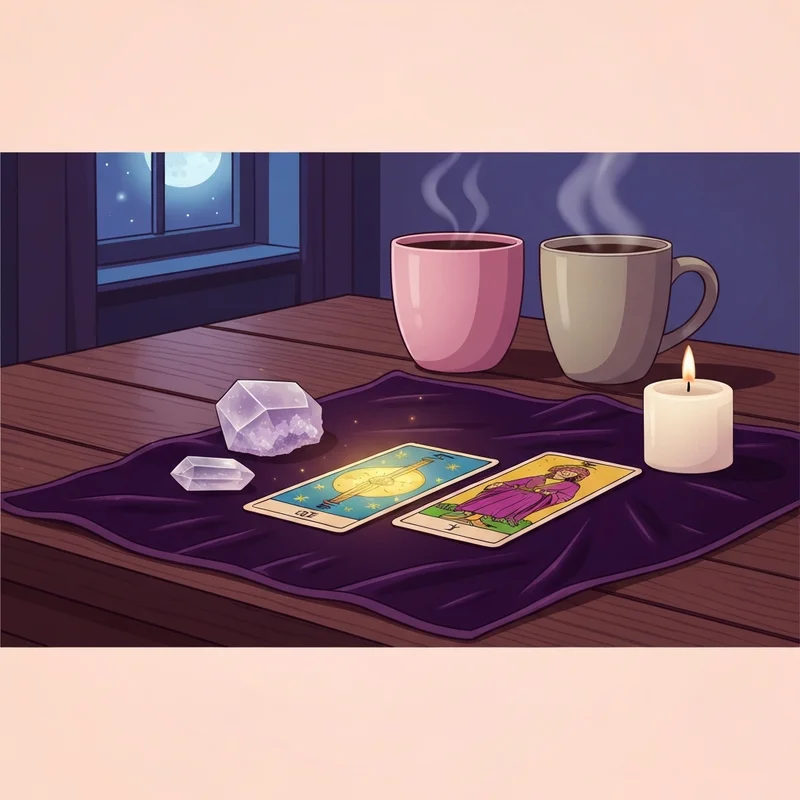 A free weekly tarot reading spread with glowing cards on a dark velvet cloth, surrounded by crystals and a soft candle flame.