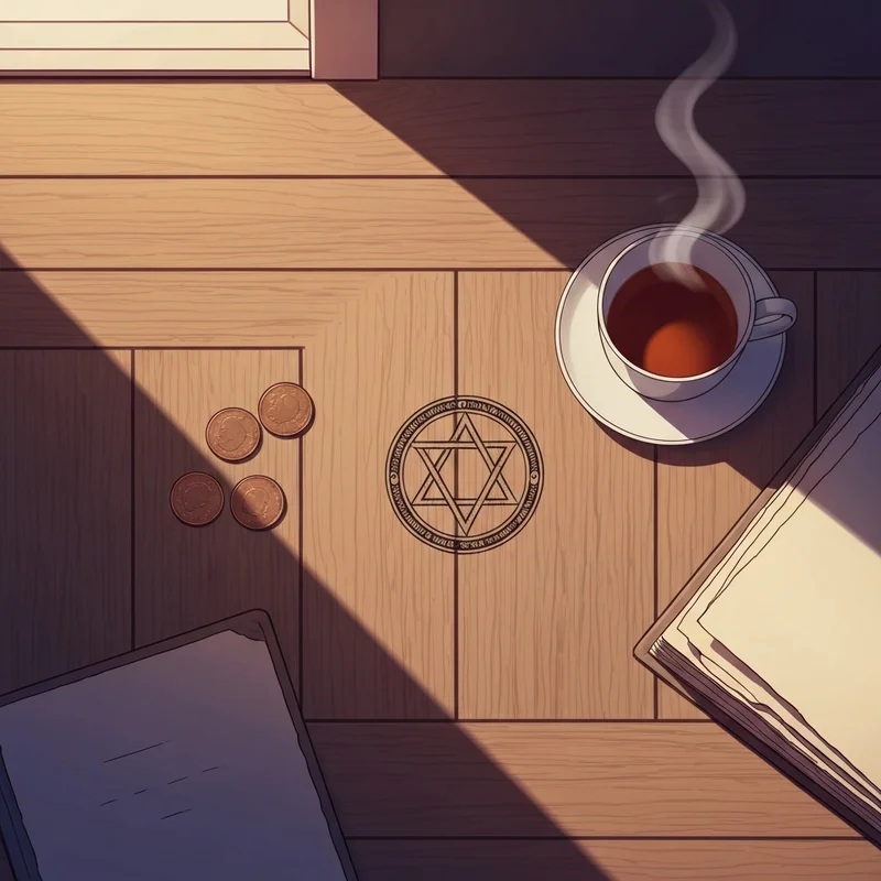 A serene woman in her 40s reflecting over three copper coins and an ancient book of symbols, clarity free i ching theme.