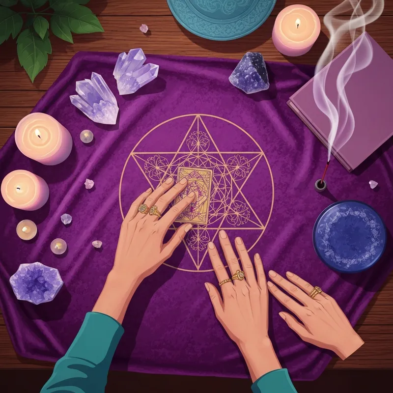 A detailed guide to tarot card placement featuring a 10-card Celtic Cross layout on a dark velvet cloth.