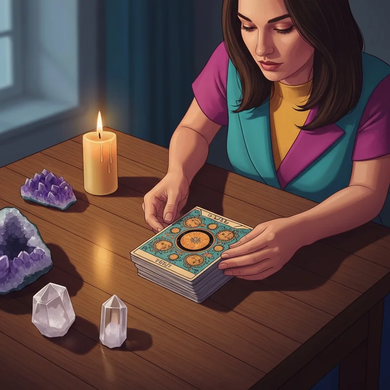 A young woman in a cozy, candlelit room learning how to do tarot, holding a deck of cards with symbolic imagery.