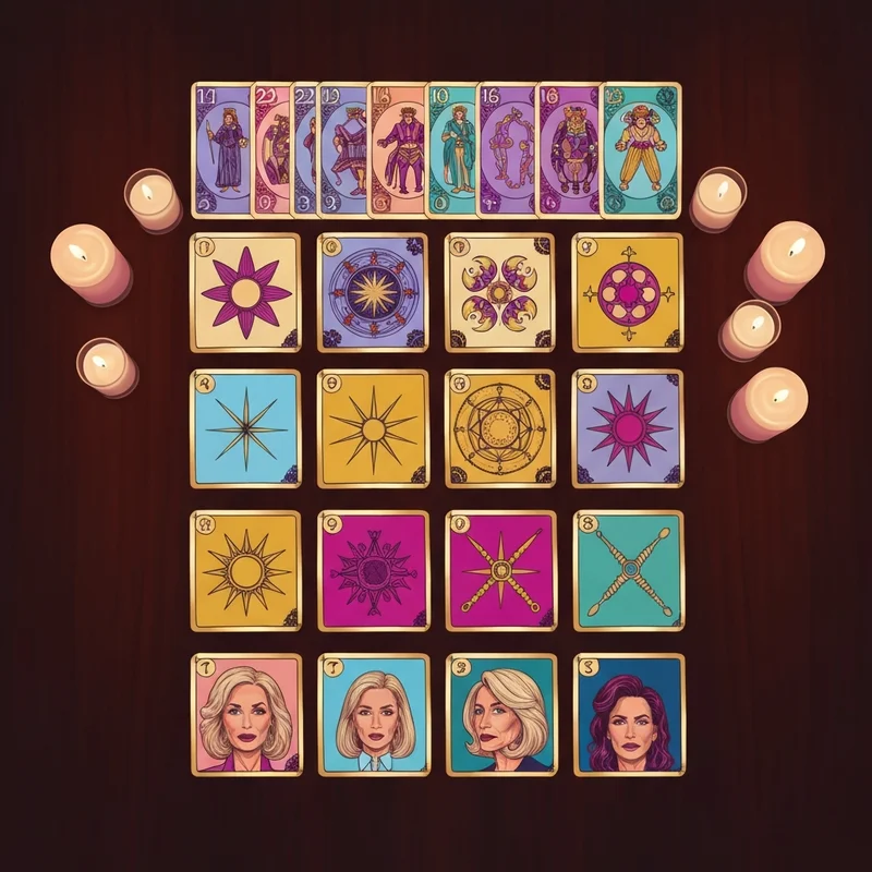 A complete set of 78 tarot cards in order, laid out on a dark wooden table in a structured sequence from the Major Arcana to the Minor Arcana suits.