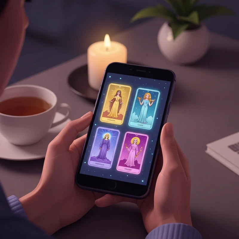 A woman sitting in a dimly lit room using her phone to ask a tarot cards free question with glowing digital cards in the background.