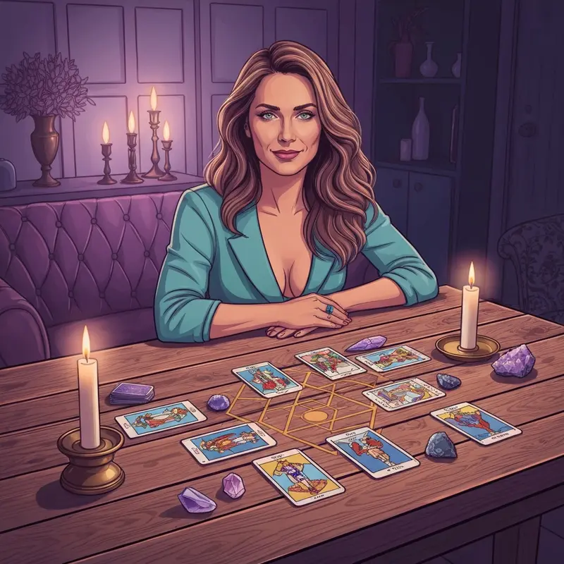 A peaceful woman sitting at a table with organized tarot placements and candles.