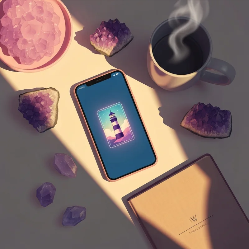 A serene digital workspace featuring free oracle cards on a smartphone screen, surrounded by calming crystals and a cup of tea.