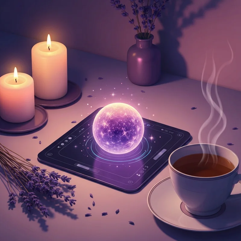 A glowing online crystal ball on a computer screen in a dimly lit, cozy room with candles.
