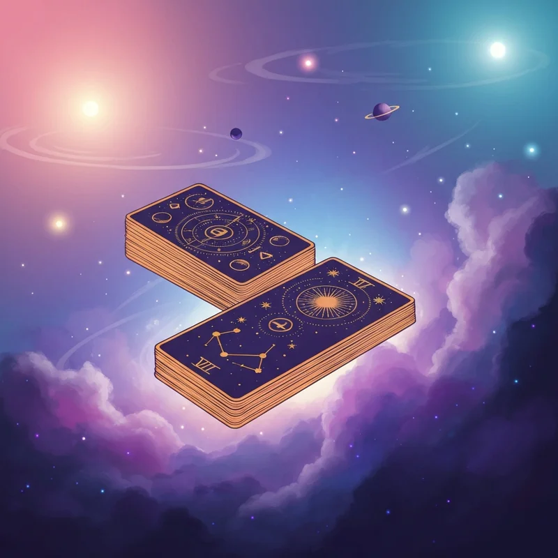 An ethereal tarot deck floating amidst a vibrant cosmic nebula, illustrating the celestial tarot cards meaning list with shimmering gold astrological symbols.