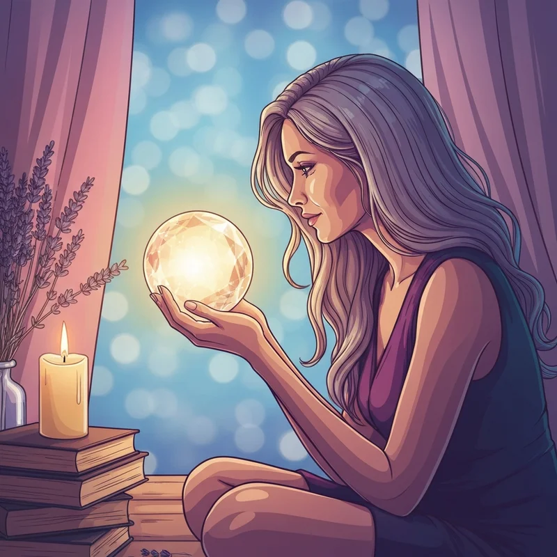 A serene female figure looking into a glowing spiritual orb for clairvoyant readings near me, cinematic lighting, ethereal atmosphere.