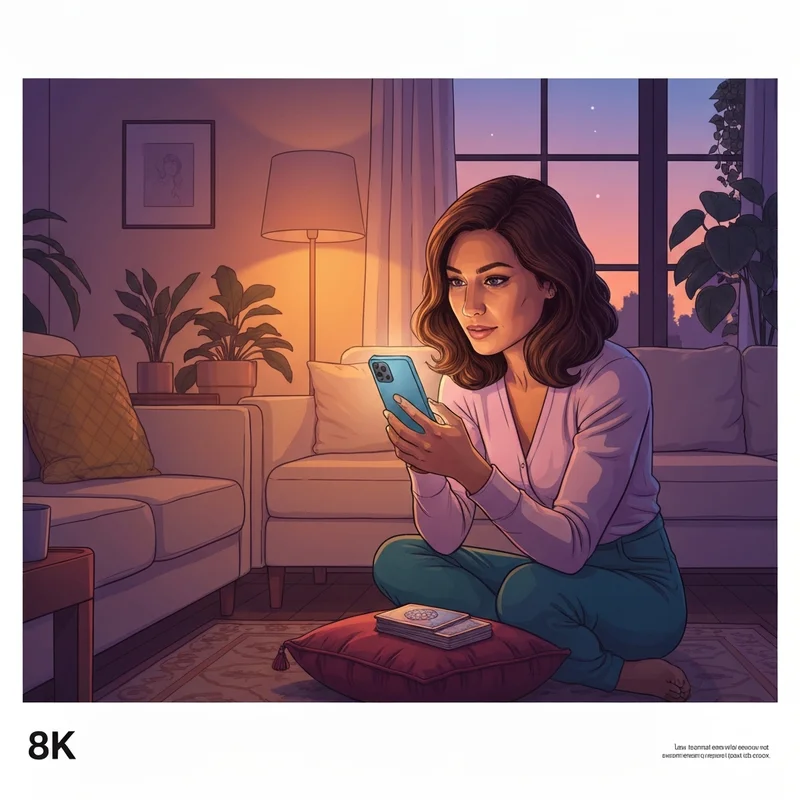 A woman sitting peacefully in a sunlit room, holding a deck of tarot cards, seeking a psychic love reading for soulmate clarity.