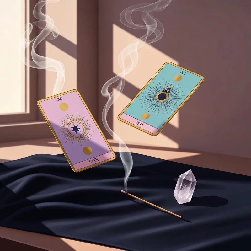 A mystical and soothing tarot card reading today scene with gold-rimmed cards, soft morning light, and spiritual crystals.