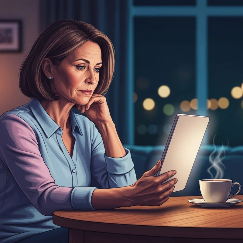 A woman in her late 30s looking at a laptop screen with a peaceful, reflective expression, representing the search for best psychic readers online.