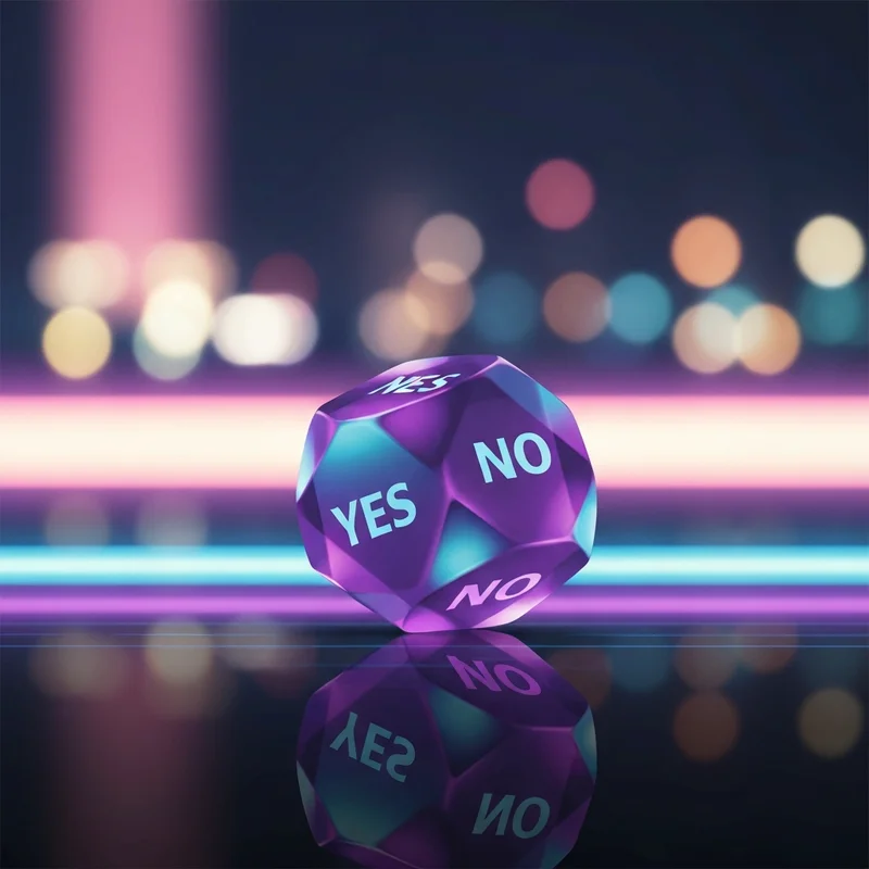 A close-up of a minimalist white yes or no dice resting on a vibrant, neon-lit surface, representing fast decisions.