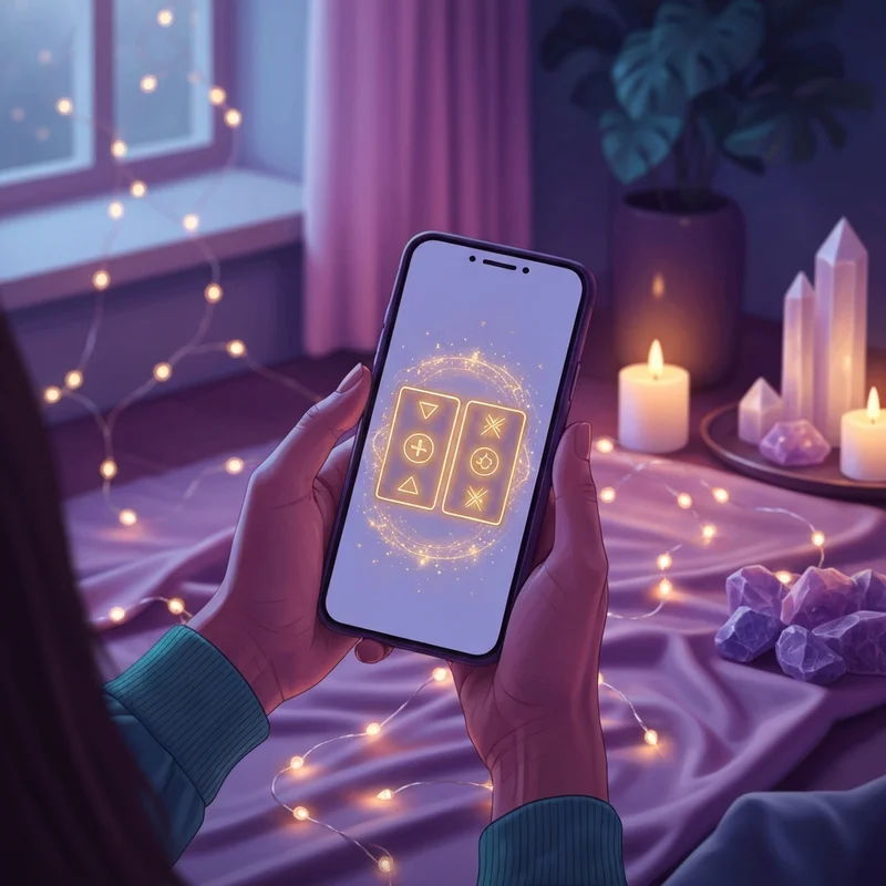A mystical phone screen displaying a free online card reading love with glowing tarot cards and a young woman looking on hopefully.