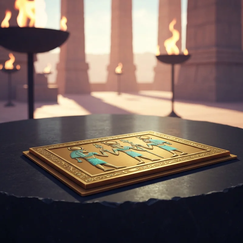A mystical golden Egyptian tarot card featuring Thoth the god of wisdom with glowing hieroglyphs in a sun-drenched temple, representing a free egyptian tarot reading.