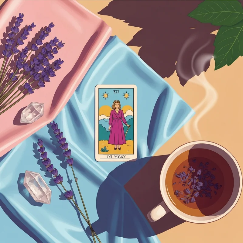 A mystical and soothing tarot deck spread on a wooden table with a card of the day revealed under soft candlelight.