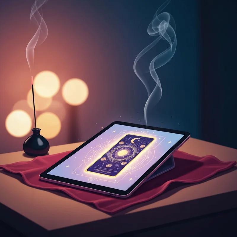 A digital tablet displaying glowing spiritual cards with ethereal symbols, representing a modern online oracle reading session.