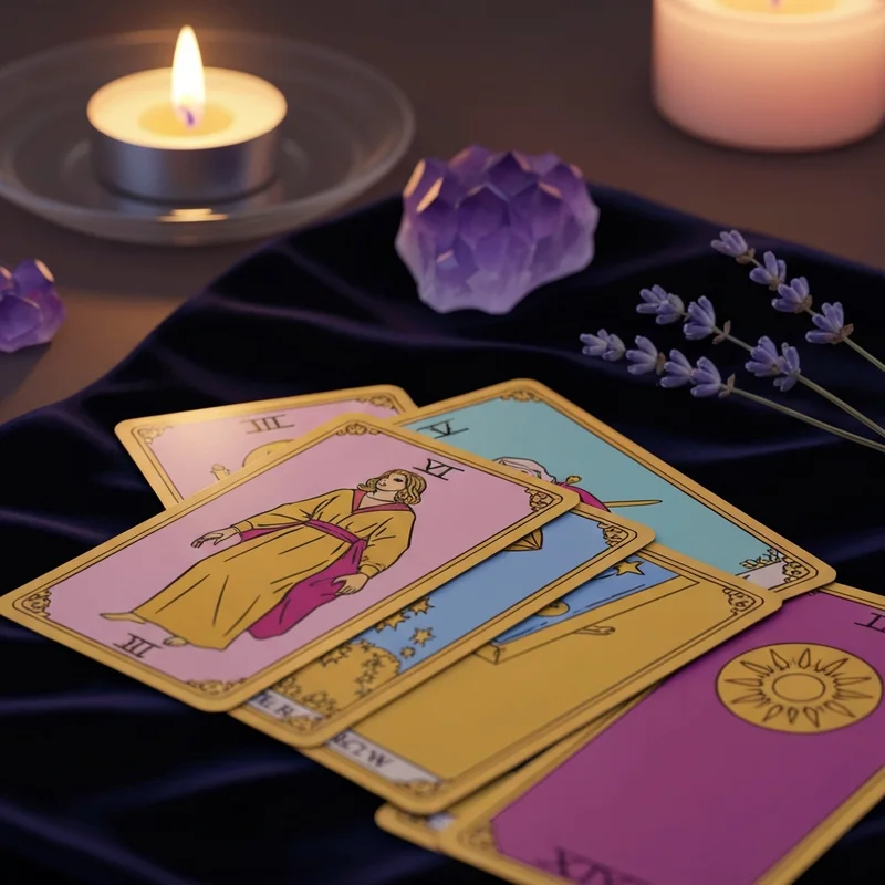 A serene 3 card tarot free reading layout on a wooden table with soft candlelight and crystals.