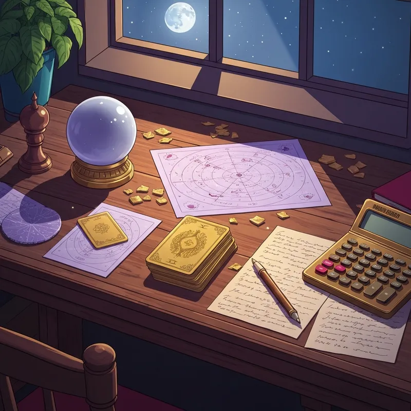 A mystical birth card calculator astrology setup with tarot cards and a zodiac chart on a velvet cloth.