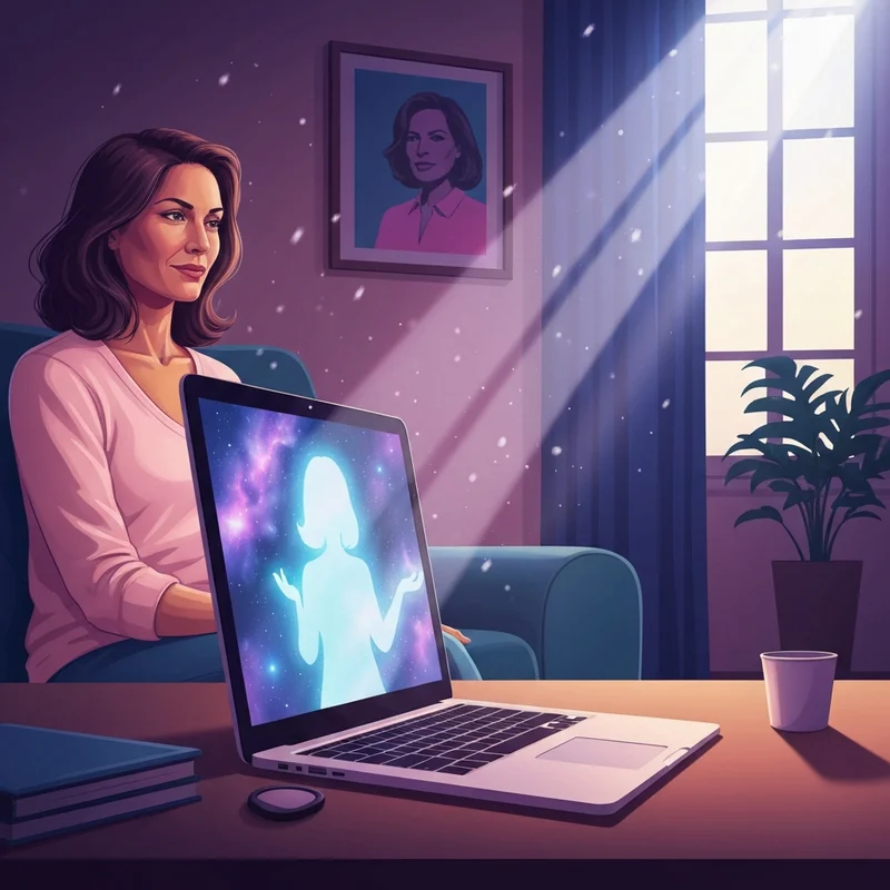 A woman receiving a clairvoyant online reading via a glowing digital interface in a serene room.